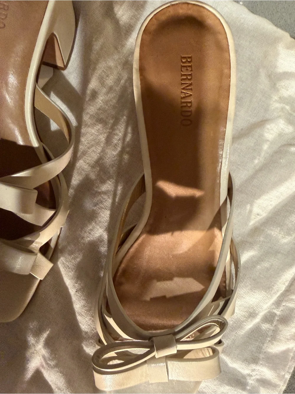 Bernardo Ivory Strappy Heel Sandals with Bow Detail